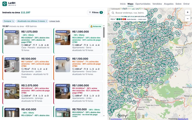 LarBH: a list of listings with prices on the left, a map of Belo Horizonte with clusters of listings on the right